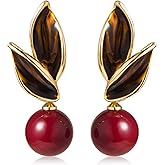 HIUS Four Colors Vintage Pearl Earrings, 18K Gold Plated Pearl Drop Earrings Dangle, Delicate Leaf Studs with Simulated Shell Pearls