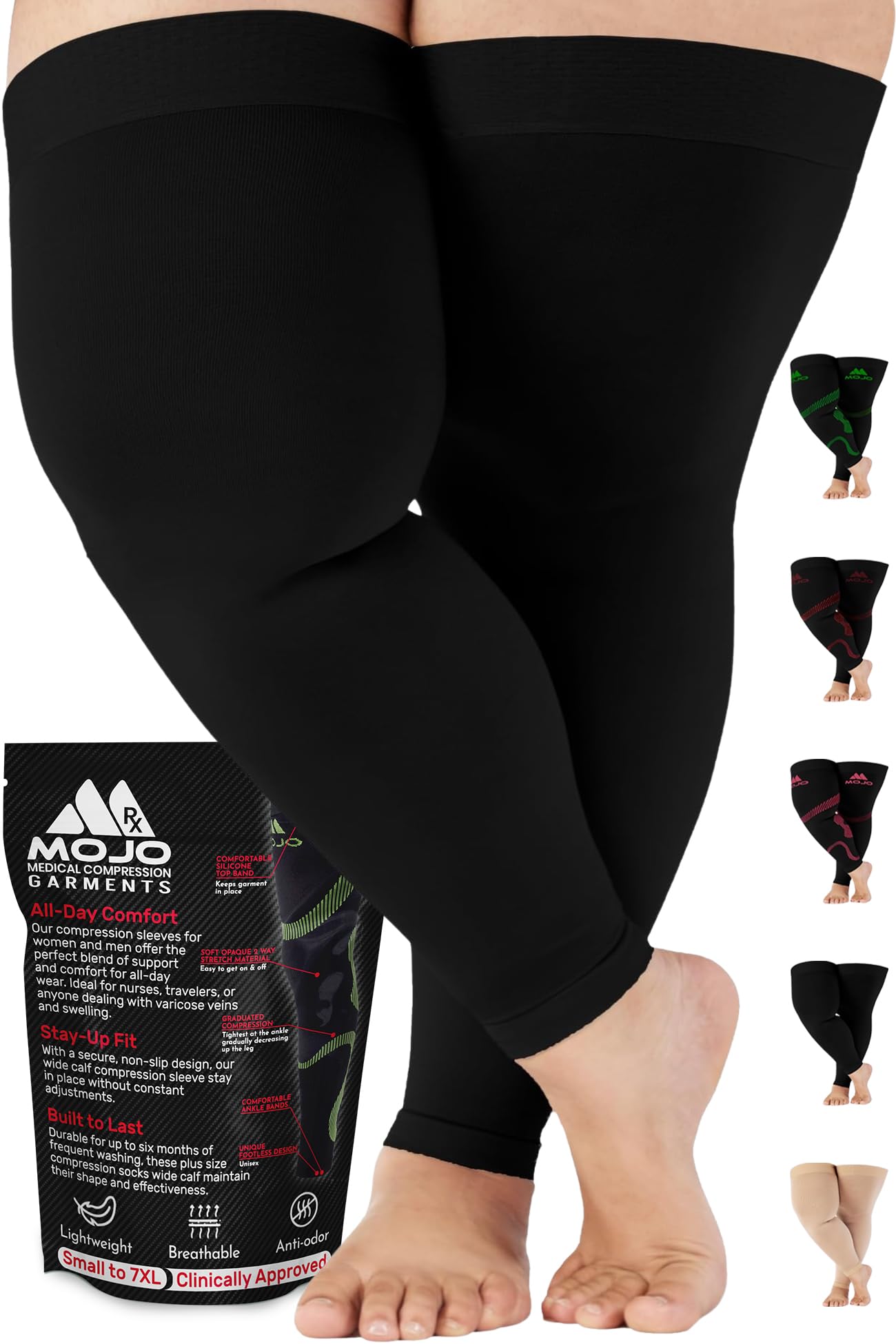 Photo 1 of Mojo Compression Full Leg Sleeve for Women and Men 20-30mmHg Plus Size - Footless Compression Stockings for Edema, Swelling, Post Surgery Recovery - Black, 2X-Large - A609