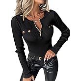 CHICME Quarter Zip Pullover Sweaters for Women Long Sleeve Fitted Sweater Casual Ribbed Knit Tops Black-S