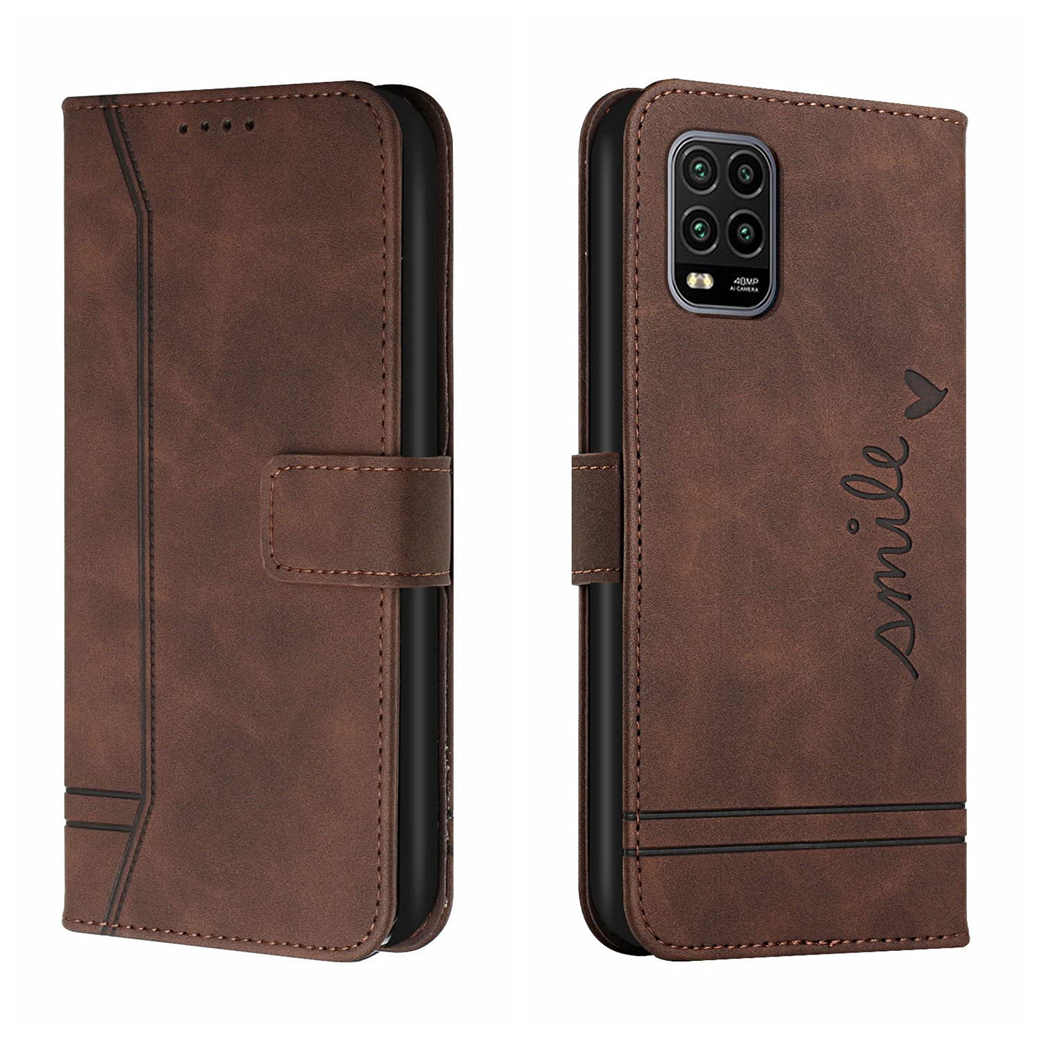 QIWEIQING Wallet Case for Xiaomi Mi 10 Lite 5G, Magnetic Flip Leather Case with RFID Block Card Slots Kickstand Shockproof Protective Cover Compatible with Xiaomi Mi 10 Lite 5G.Brown HX