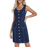 Vidifid Women's Denim Dress Sleeveless Stretchy Crewneck Vintage Button Down Jean Dresses with Patch Pocket