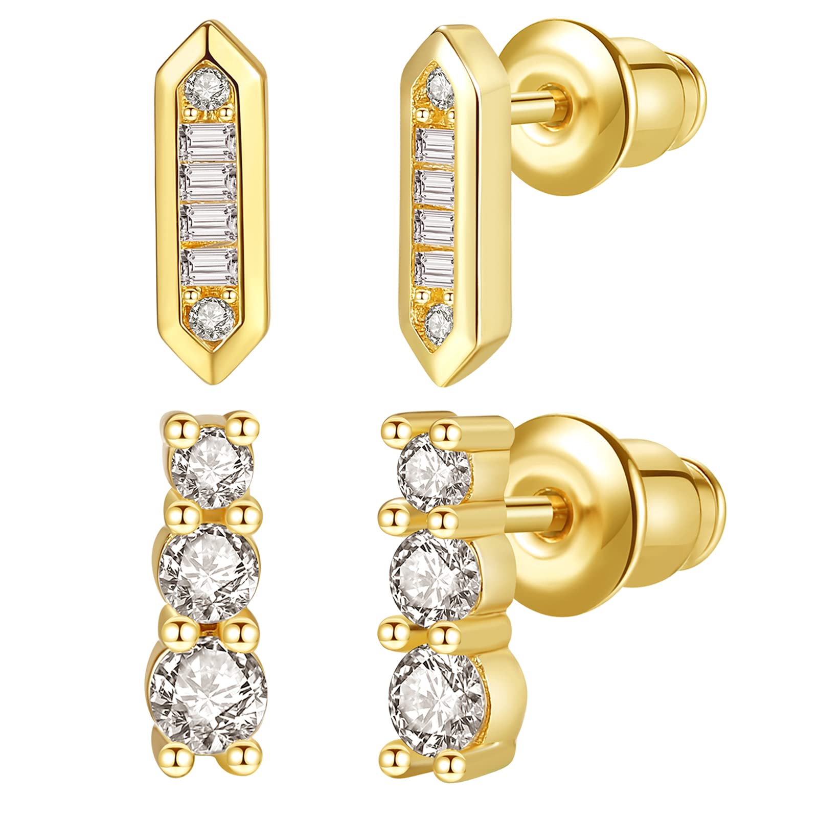 Gold Bar Stud Earrings Set for Women - Small Cubic Zirconia Stud set Jewellery Gifts for Women