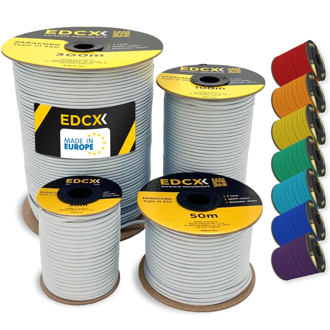 EDCX 4mm Nylon Paracord 550 30m (100 feet) | Ideal for Camping, Survival, Outdoor, Crafting, DIY | 100% Nylon Rope 4mm | Paracord 550 Type III in Solid Color (White, 30 m)