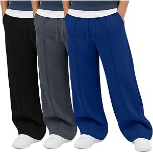 Joiceful 3 Pack Boys Baggy Sweatpants | Wide Leg Joggers, Open Bottom, Elastic Waist, Drawstring, Pockets, Athletic, Casual,