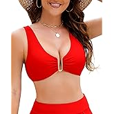 Jolefille Push Up Bikini Top for Women U Wired Wide Straps Swimsuit Tops Scoop Neck Padded Lace Up Back Bathing Suit Top Only