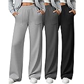 Sweetyweee 3 Pack Women's Wide Leg Lounge Pants High Waisted Sweatpants Casual Elastic Yoga Open Bottom Joggers with Pockets