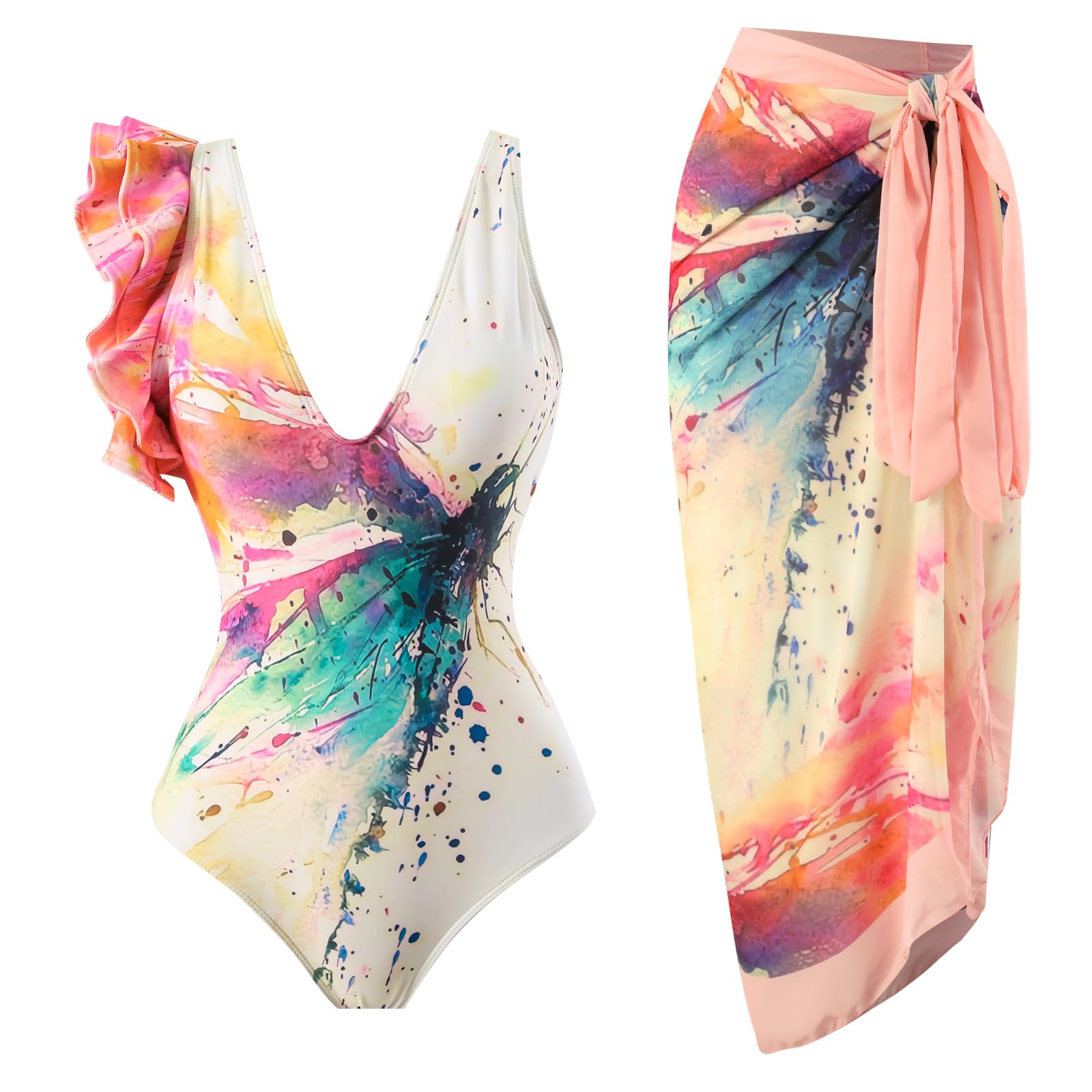 Three Pieces Pastel Print Ruffle V-Neck Monokini