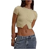 SHENHE Women's Y2k Ribbed Knit Short Sleeve Button Down Shirt Crew Neck Fitted Crop Top