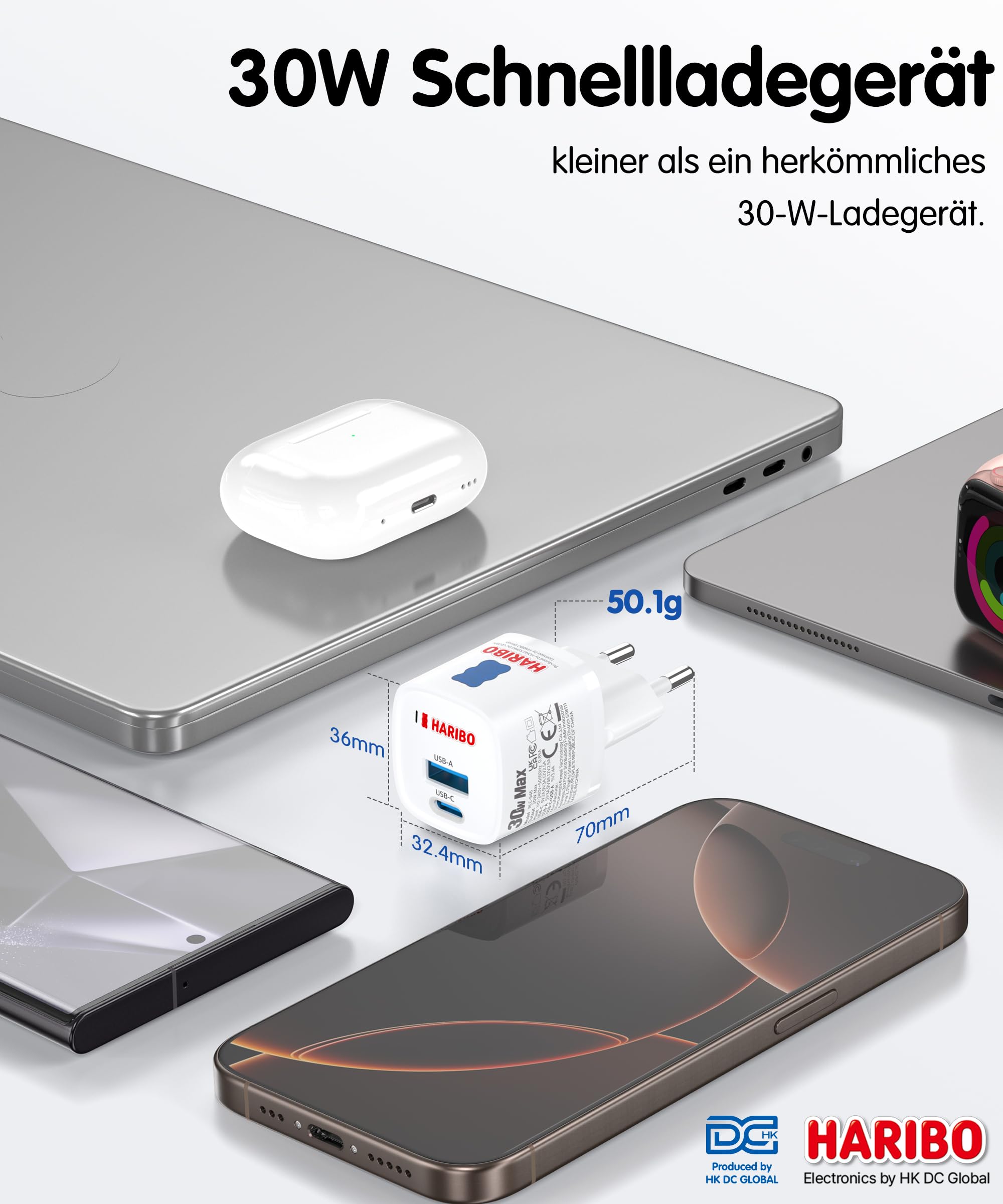 HARIBO USB C Ladegerät 30W, 2-Port GaN Netzteil USBC&USB Stecker PD Charger 4
