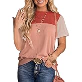 BLENCOT Women Tops Color Block Crewneck Casual Oversized Tshirts Knit Summer Tees Blouse S-2XL