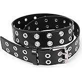WHIPPY Double Grommet Belt for Women Men PU Leather Double Prong Buckle Vintage Punk Rock Jeans Belts