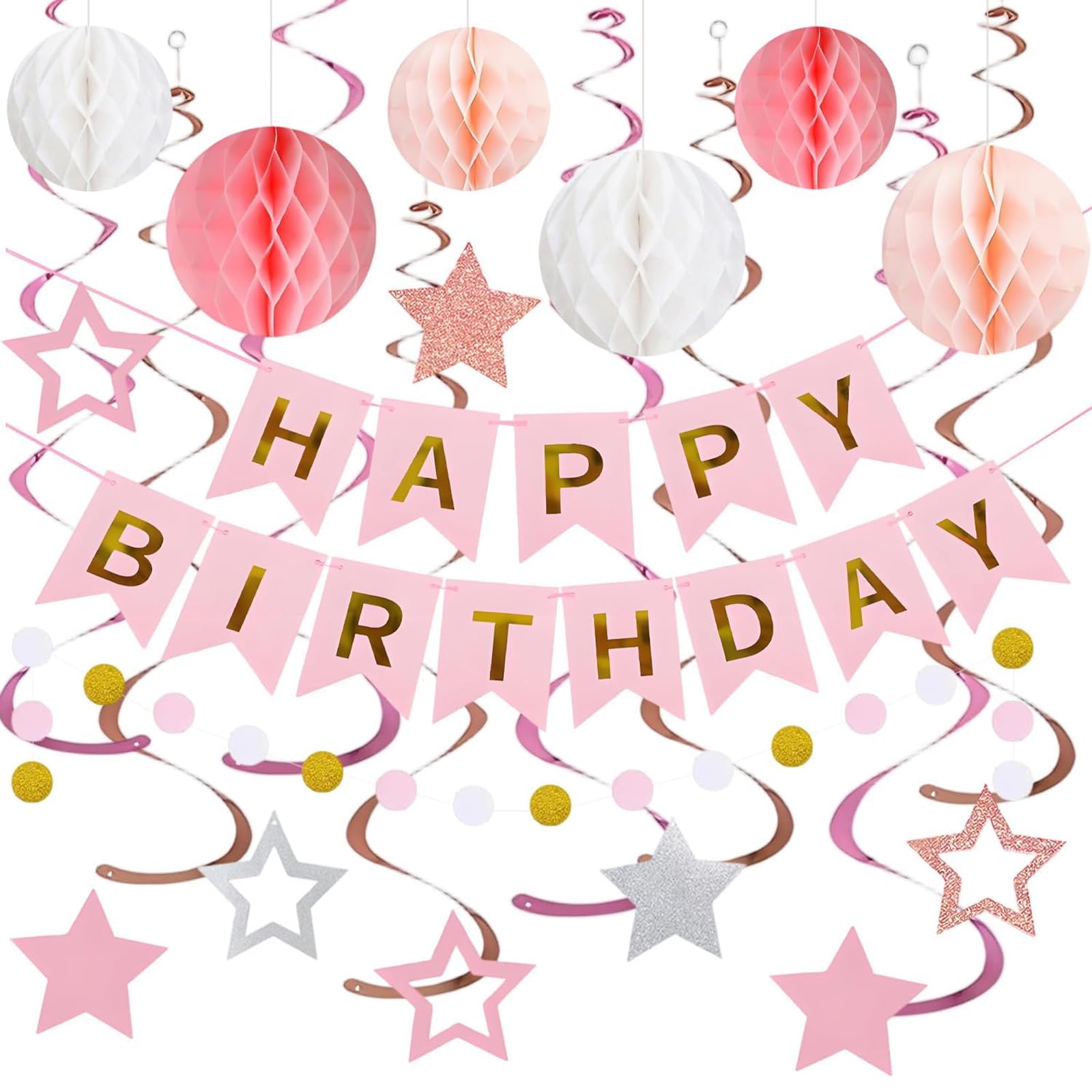 Alrens Pink Star Spiral Honeycomb Pull String Banner Happy Birthday Decoration