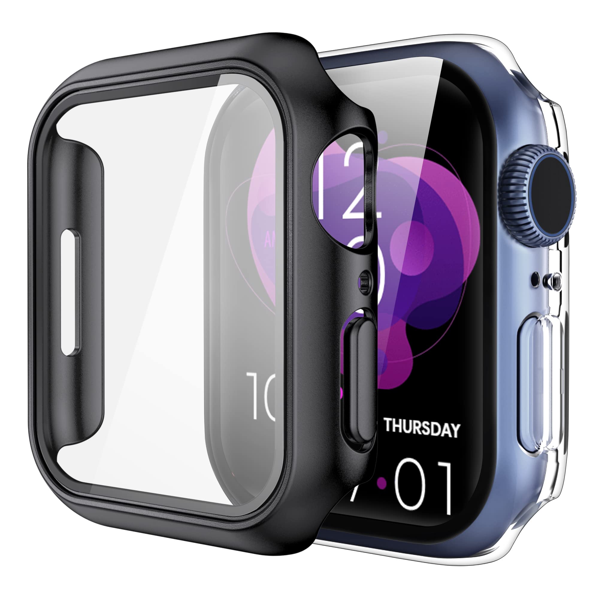 Photo 1 of 2 Pack Hard PC Case with 9H Tempered Glass Screen Protector Compatible with Apple Watch Series 7 Series 8 41mm,Ultra-Thin Scratch Resistant Overall Protective Cover for Men Women,Black+Clear