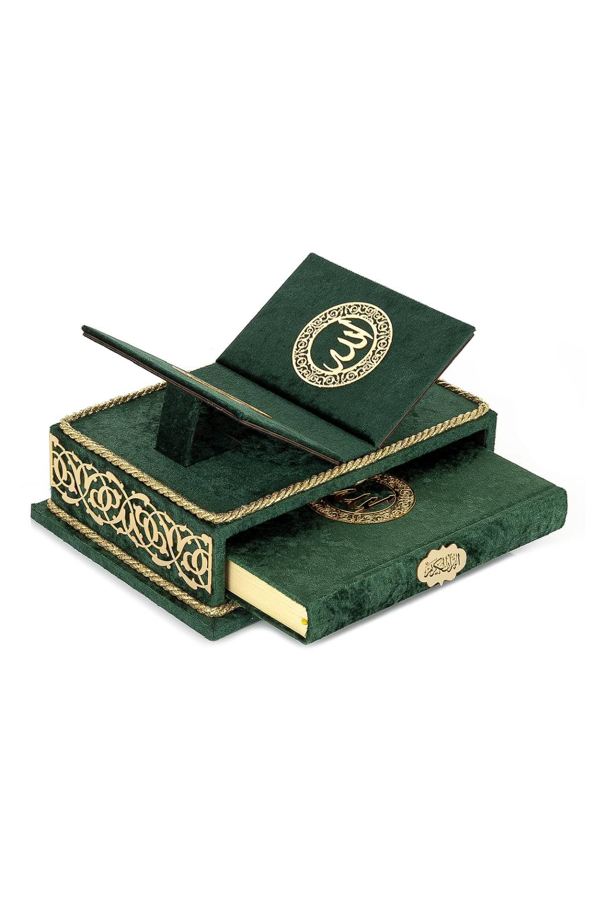 ihvan online, The Holy Arabic Quran Gift Set, Book Stand Holder, Desktop Quran Holder, Rehal, Velvet Covered Chest Rihal, Decorative Islamic Gifts for Muslims, Green