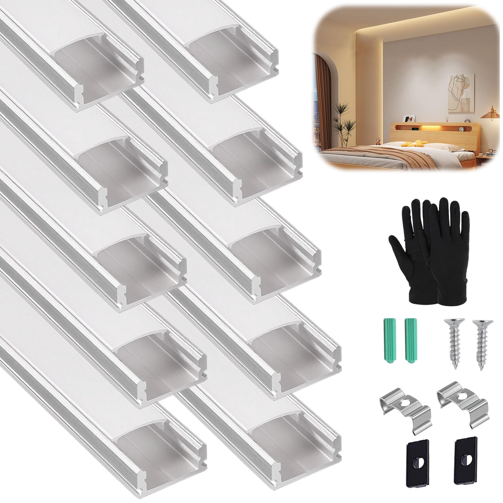 Photo 1 of 10 Pack 6.6FT/2M U Shape LED Aluminum Channel System with Milky Cover, End Caps and Mounting Clips, Sliver LED Strip Light Diffuser Track for Professional Lighting Installation