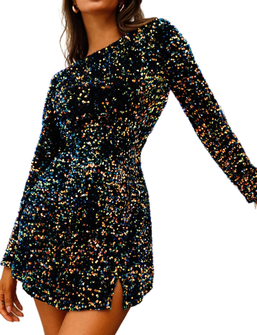 Photo 1 of R.Vivimos Women's Sequin Bodycon Dress Fall Winter Velvet Warm Long Sleeve Crew Neck Sexy Backless Glitter Slit Mini Dress (Small, NavyBlue)