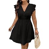 Eytino Plus Size Dresses for Women Summer Ruffle Cap Sleeve Lace V Neck Embroidery Eyelet A Line Dress(1X-5X)