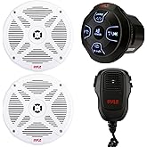 Pyle Marine Bluetooth Receiver Speaker Kit - Waterproof Audio Entertainment System Set w/Dual 6.5" Boat Speakers, Wireless BT Controller, Compact Handheld Broadcasting Microphone (White)