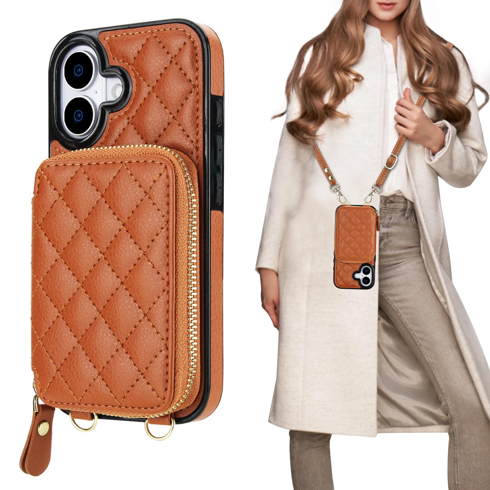 Bocasal Crossbody Wallet Case for iPhone 17, RFID Blocking PU Leather Zipper Handbag Purse Flip Cover, Kickstand Folio Case with Card Slots Holder Wrist Strap Lanyard 5G 6.3 Inch (Brown)