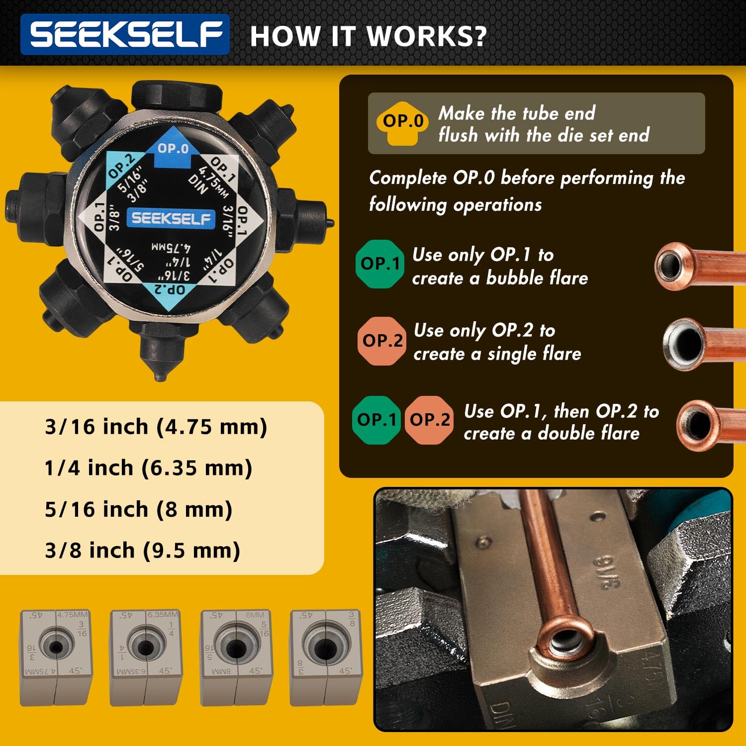 SEEKSELF Professional Bremsleitungs-Bördel-Werkzeugsatz für 45-Grad-Einzel-, Doppel- und Bubble-Bördel, 3/16", 1/4", 5/16", 3/8" und 4,75 mm Stahl-Kupfer-Metallschlauch, mit Rohrabschneider, Schwarz 4