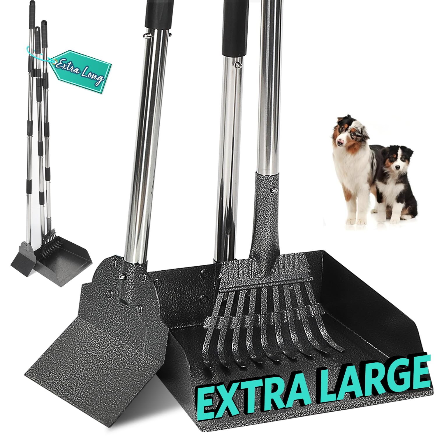 Bamda Pooper Scooper, Dog Pooper Scooper with Adjustable Long Handle, Durable Metal Rake &Tray & Spade for Large Medium Small Dogs, Poop Scoop for Collect Pet Feces, Leaves, Stones and Soil- 3Pack