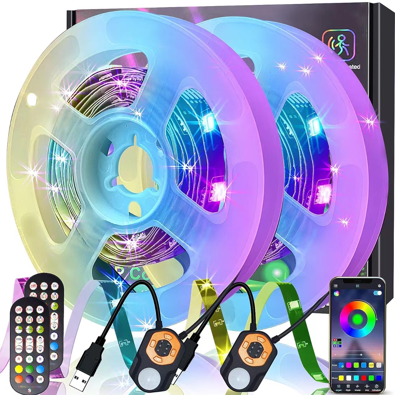 Meiyue Motion Sensor LED Strip Light, 2PCS 6M RGB Motion Activated Under Bed Light with Remote, Dimmable LED Strip Light with Auto Shut Off Timer App Control for Indoor Hallway, Kitchen,Bedroom,Stair