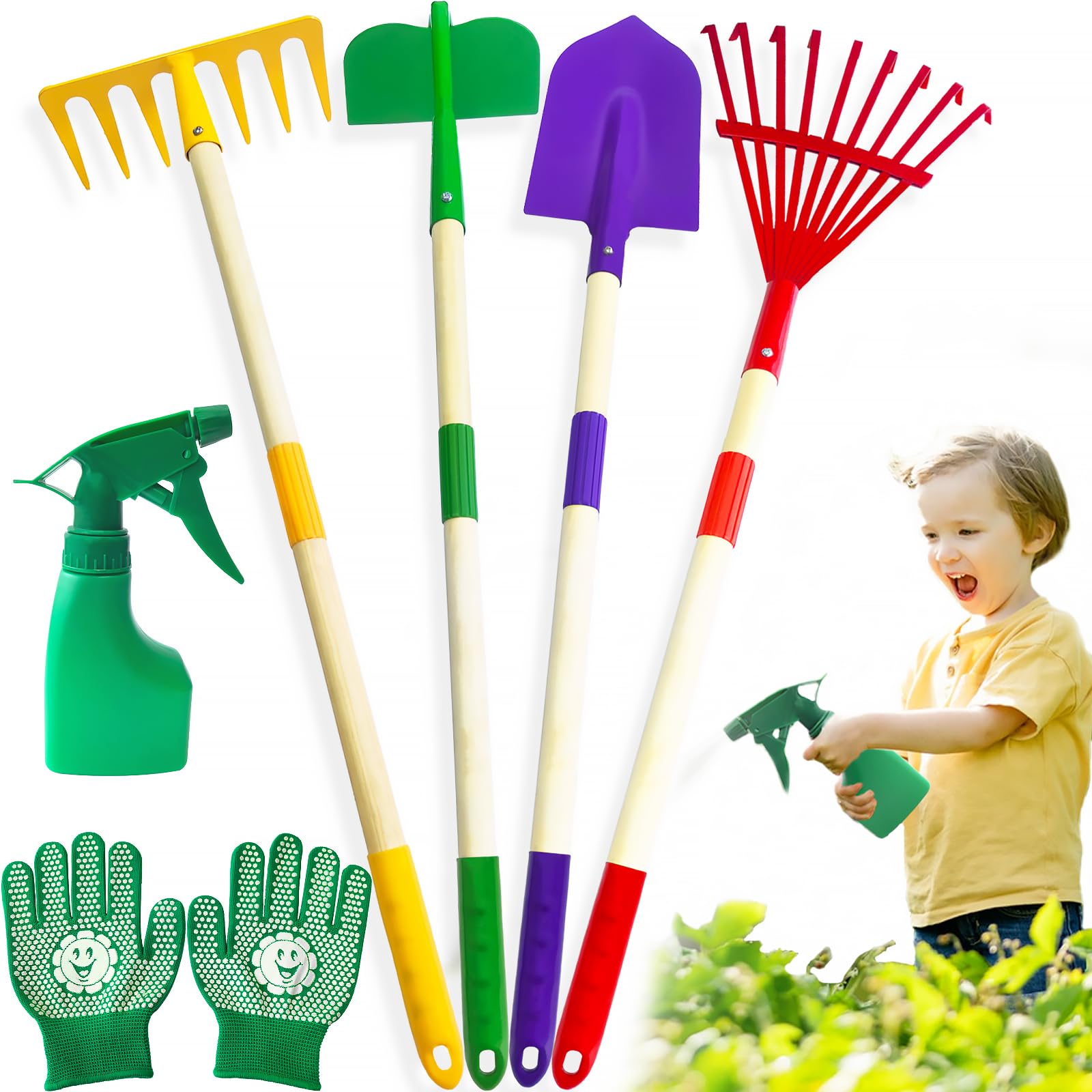 Lalloply Kids Gardening Set 6 PCS Outdoor Toys for Toddlers Age 3-5 Garden Toys with Shovel, Rake, Hoe, Leaf Rake,Watering Can, Gloves. Gardening Tools for 3+ Boys Girls. Garden Gifts for Children