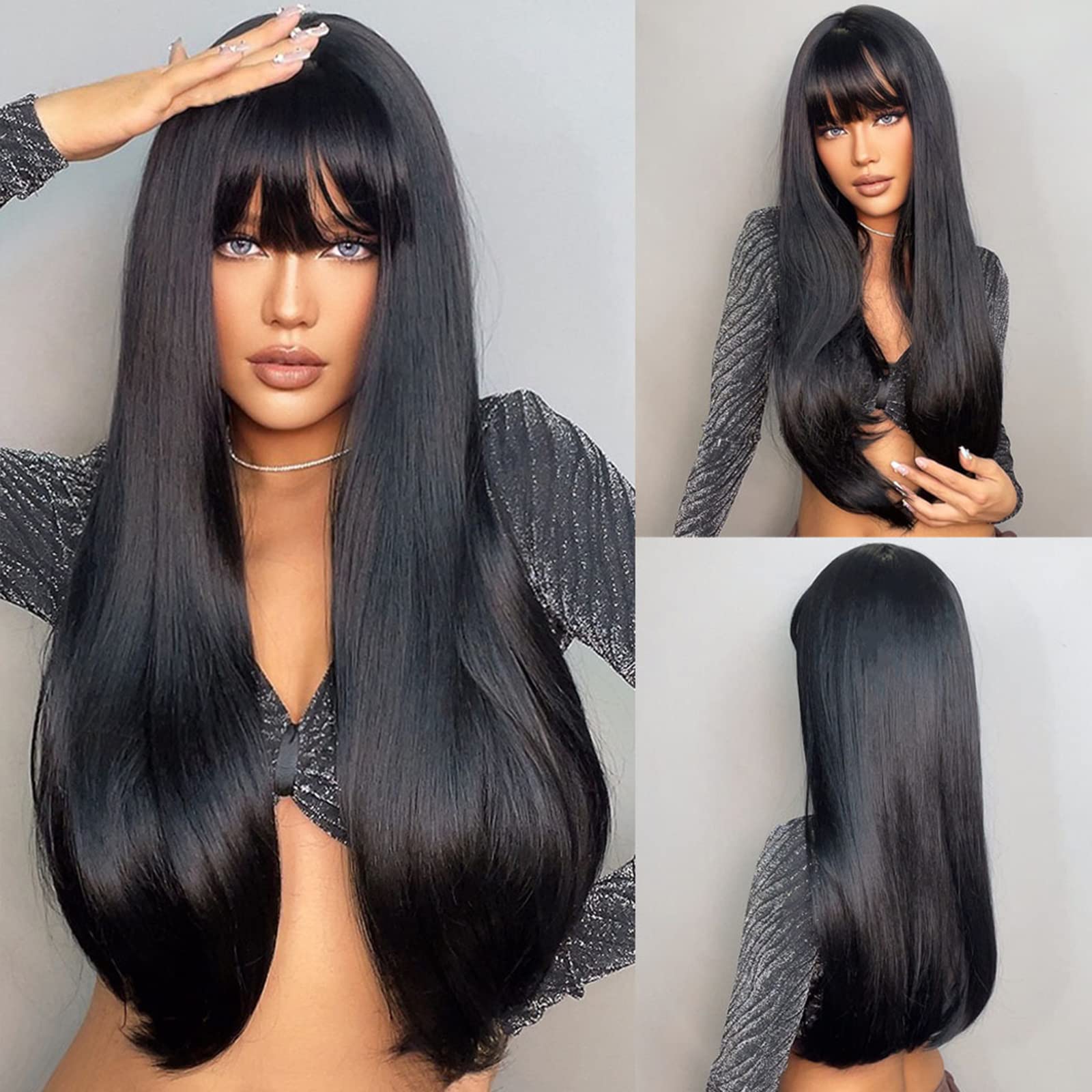 HAIRCUBE HARICUBE Wigs for Women Long Straight Layered Wigs with bangs Wigs Natural Synthetic Heat Resistant Fiber (Black)