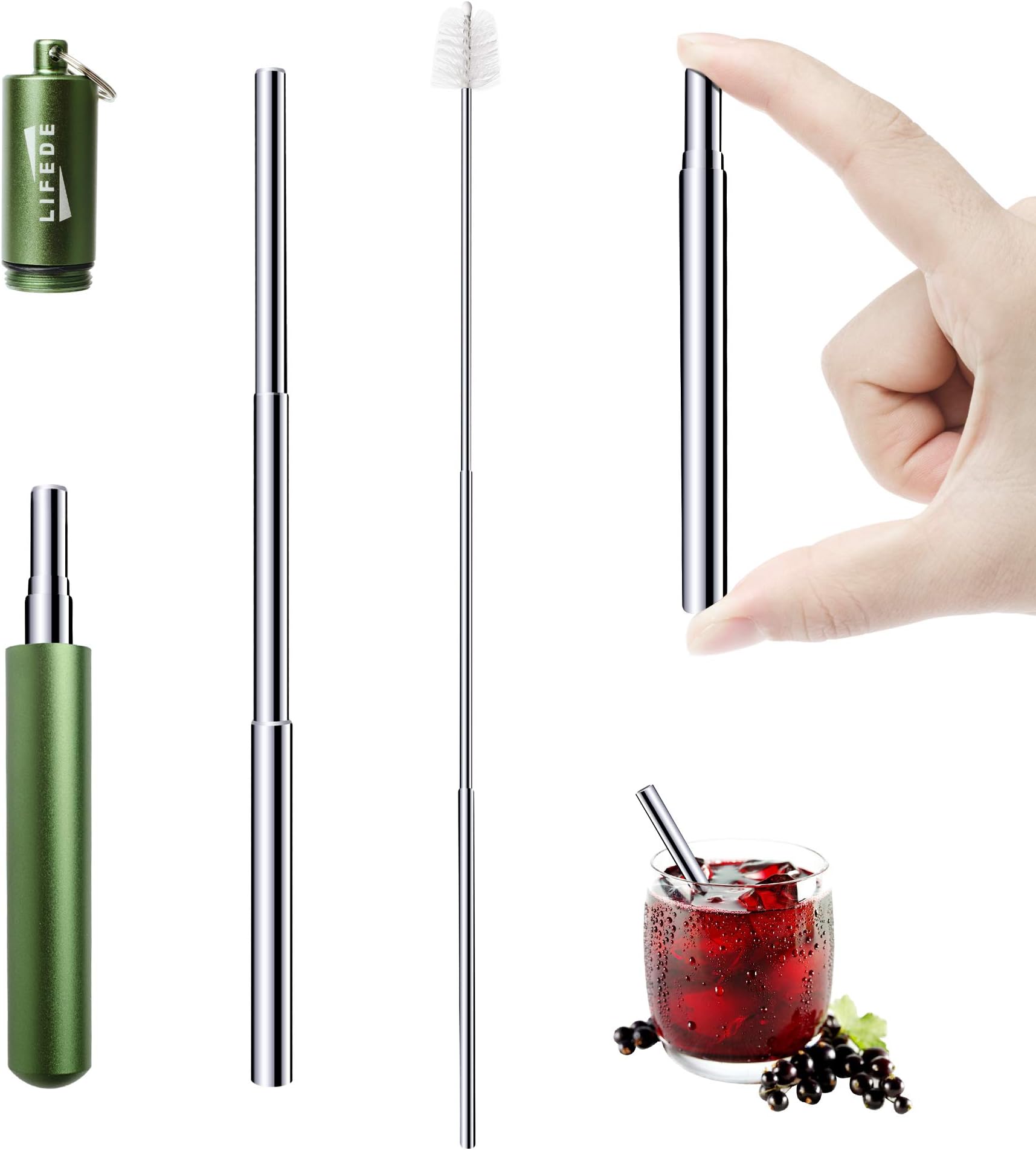 Key Chain Straws,Telescopic Drinking Straw, Travel Straws with Green Aluminum Case and Cleaning Brush,Perfect for Drink Juice,Water,Coffee,Smoothie and More. (Green)