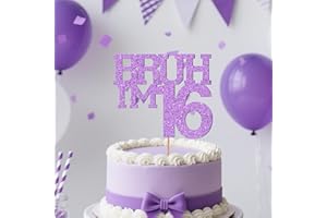 SACGUGUBER Purple Glitter Bruh I'm 16 Birthday Cake Topper, Funny Happy Birthday Decorations for Boys Girls 16th Birthday Party Cake Decorations Supplies