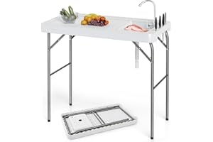 Goplus Folding Fish Cleaning Table, 42.5 Inch Portable Camping Sink Table with Rotatable Faucet, Drainage Hose, Knife Grooves