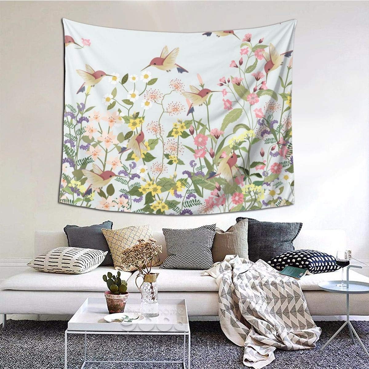 N/W Sweet Floral Flower in Garden Tapestry Beautiful Hummingbird Tapestry Wall Hanging for Home Decor Wall Hanging Living Room Bedroom Dorm(60 X 51 Inches)