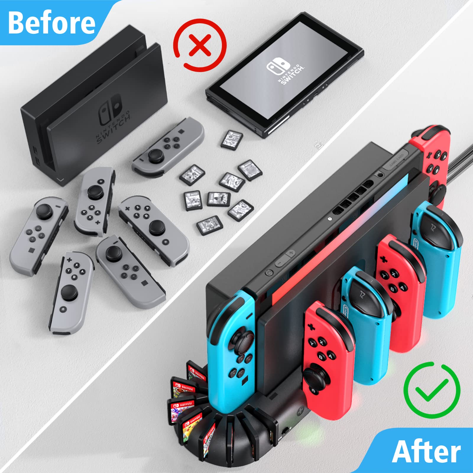 Switch Joycon Charging Dock Station Compatible with Nintendo Switch Accessories & OLED Model Joycons, KDD Joycon Controller Charger Docking Station with Upgraded 8 Game Storages, Gming Accessories