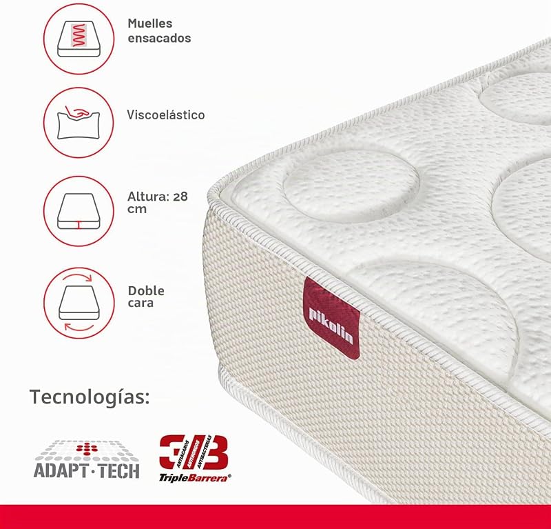 - Colchón Viscoelástico 90x190 cm Premium - Altura 28 cm - Núcleo Muelles Ensacados Extra Confort - Doble Cara - Tratamiento Higiénico Triple Barrera - Fabricado en España - Modelo Shire