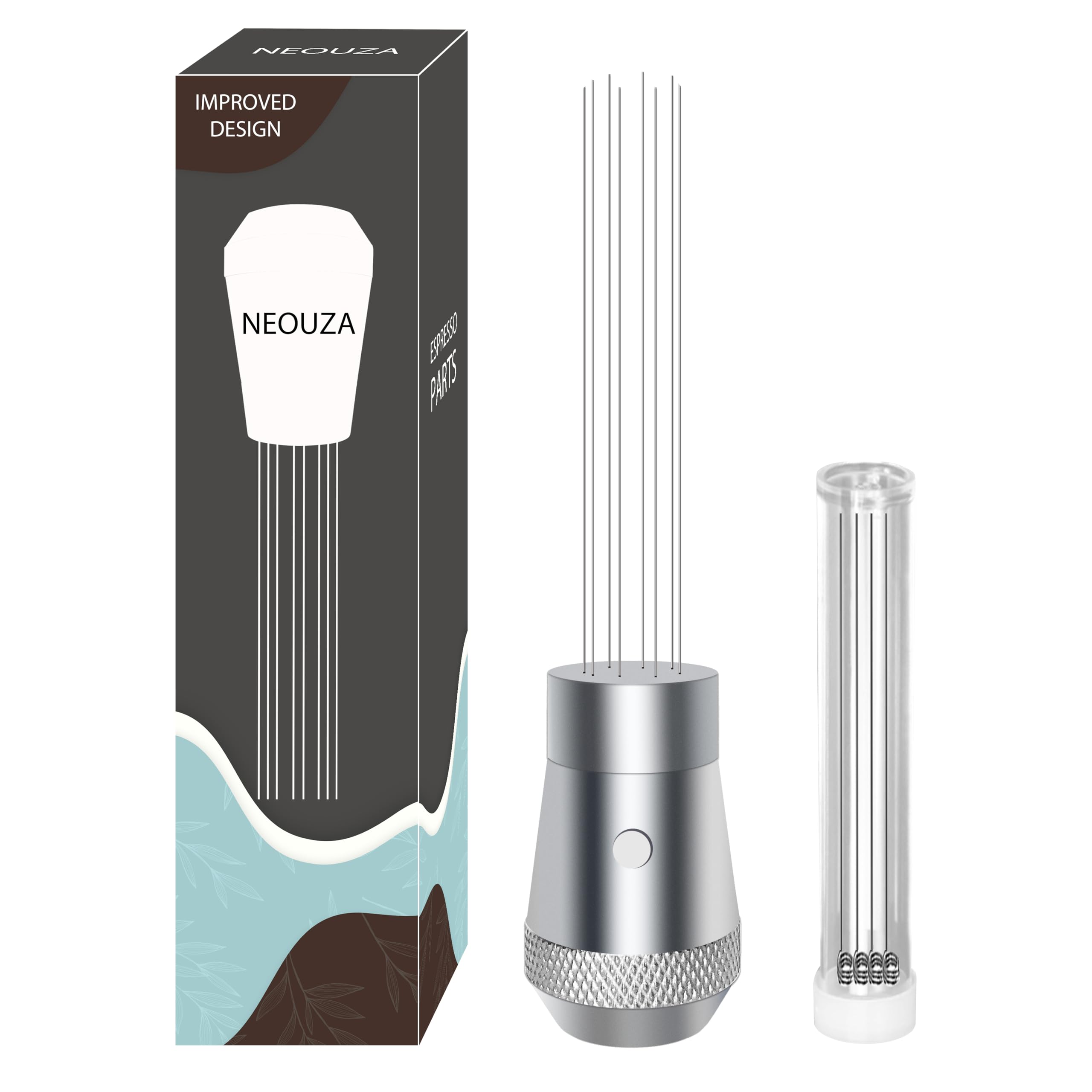 NEOUZA Coffee WDT Distribution Tool Accessories, Aluminum Handle Built-in Magnet Design,0.4mm 8 Stainless Needles, Espresso Powder Stirrer (Silver)