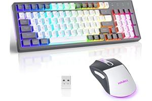 KOLMAX CK98 Wireless Gaming Keyboard and Mouse Combo,Rechargeable RGB Grey Gaming Keyboard RGB Backlit 98 Keys Mechanical Feeling Dual Color Keyboard and Gaming Mouse 3200DPI for PC Mac Gamers(GreyWhite)