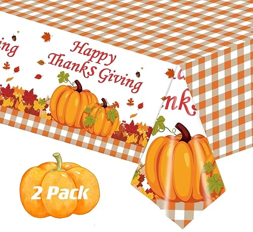 2 Pack Happy Thanksgiving Tablecloth, Fall Pumpkin Maple Leaves Plastic Table Cloth Autumn Disposable Rectangle Plaid Table Cover for Thanksgiving Day Tables Decor Party Decorations, 54x108 Inch