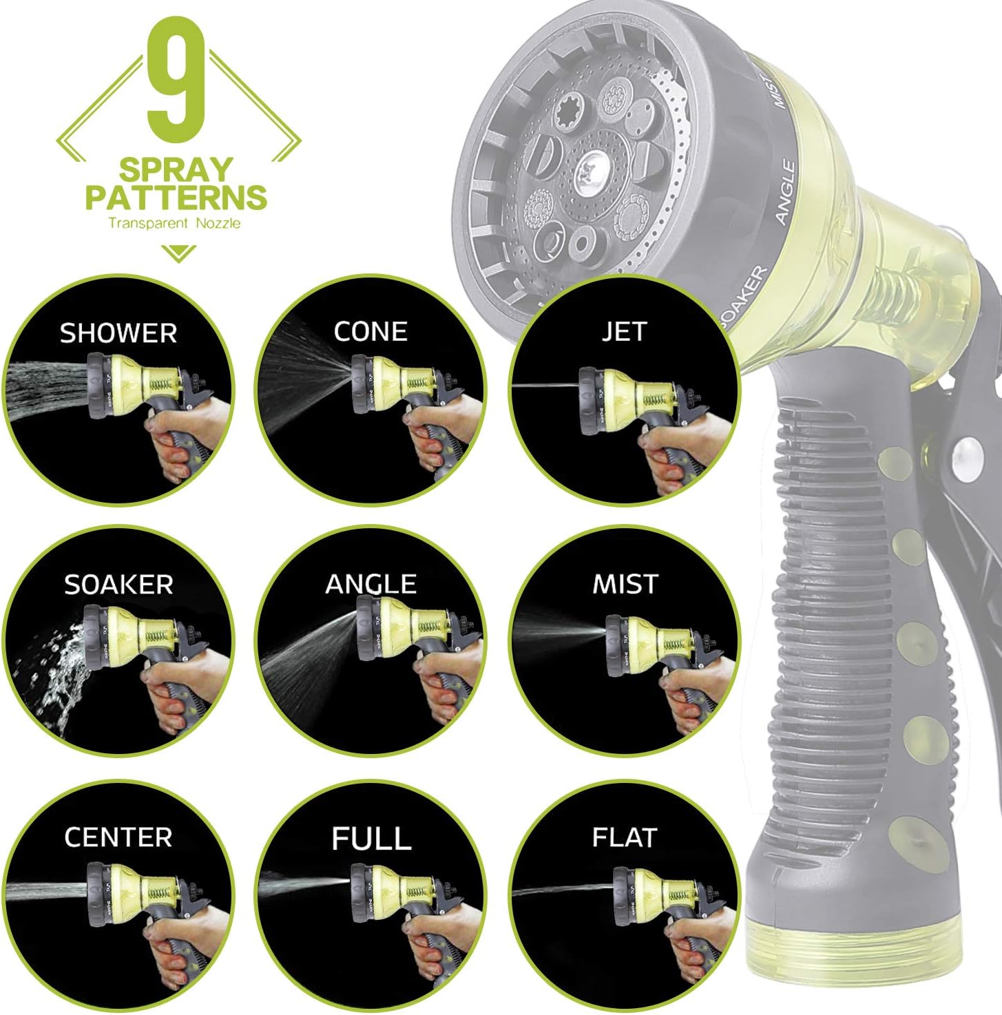 Garden Hose Nozzle, Hose Spray Nozzle, Water Hose Nozzle with 9 Adjustable Watering Patterns, Heavy Duty Hose Nozzle for Watering Plants, Cleaning, Car Wash and Showering Pets, Slip and Shock Resistant : Garden & Outdoor