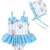 YOUNGER TREE Baby Girls Swimsuit One Piece Swimwear Ruffled Infant Swimsuit Floral Print Bathing Suit with Hat,UPF 50+