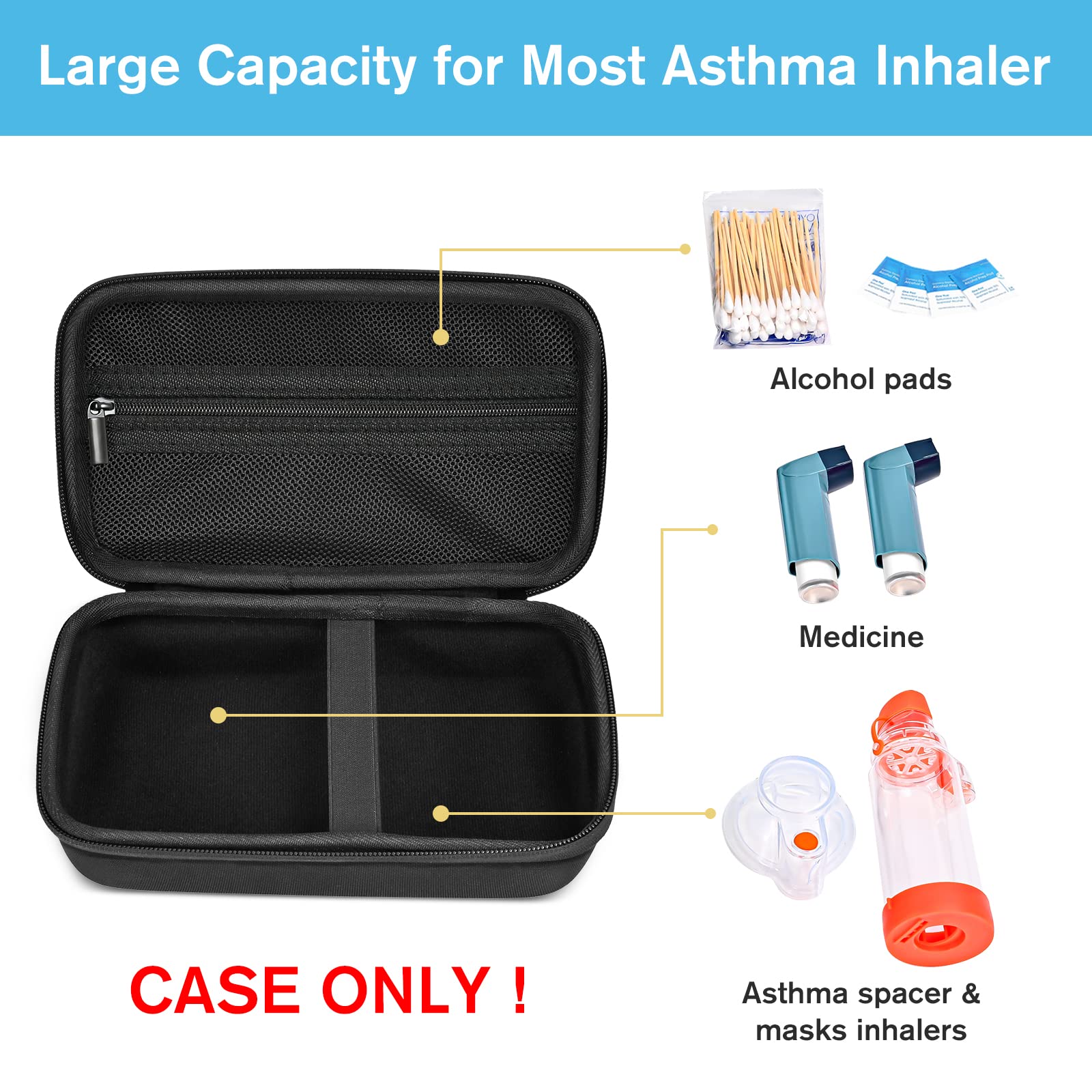 ProCase Hard Carrying Case for Asthma Inhaler, Portable Inhaler Spacer Travel Bag for Adults Kids, Masks Asthma Accessories Holder，Asthma Kits Organizer with Mesh Pocket -Black