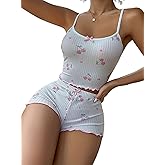 Women's Sexy Graphic Pajama Set Summer Cute Cherry Print Cami Crop Tops and Shorts 2 Piece Ribbed PJ Sets