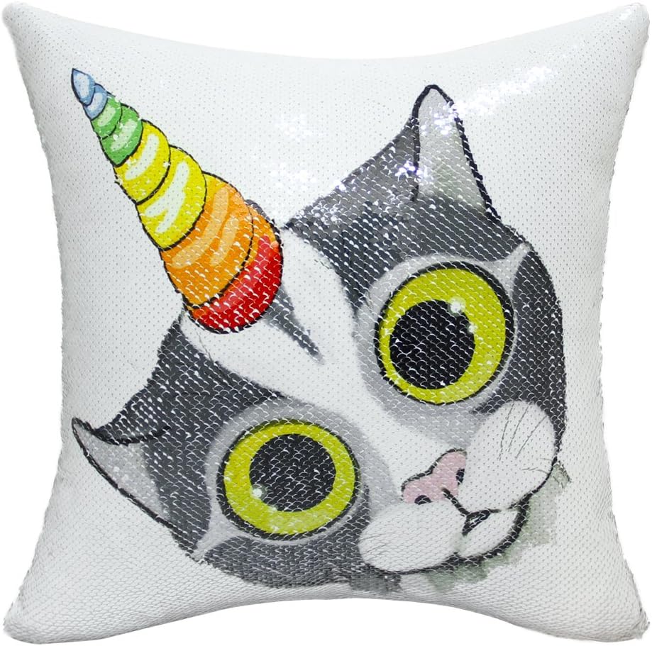 ICOSY Unicorn Mermaid Pillow Case Magic Reversible Sequin Cushion Cover Unicorn Cushions Reversible Sequins Decorative Cushion Covers 40x40cm(Cat with Unicorn/Silver)
