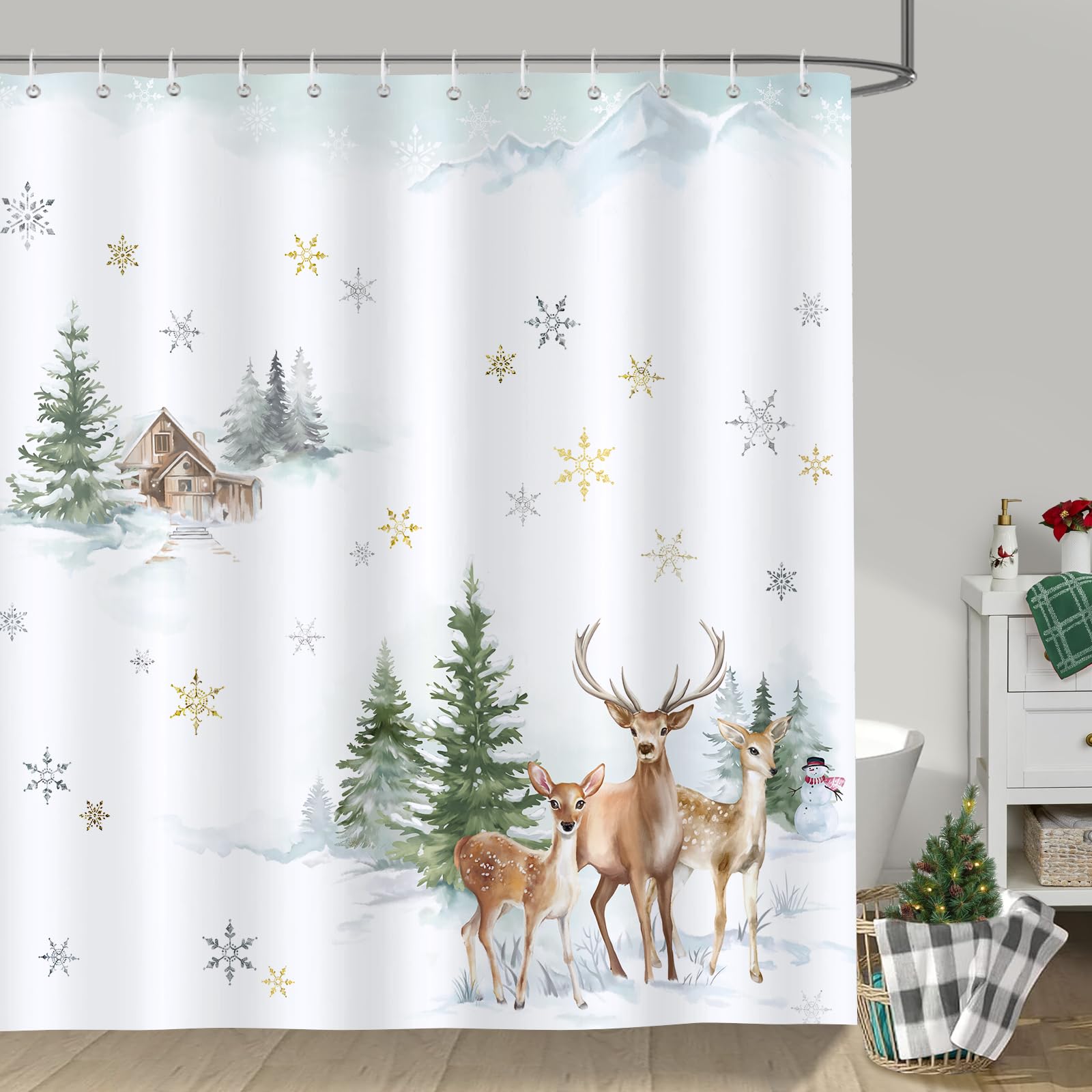Bonhause Winter Snowy Forest Shower Curtain Pine Tree Deer Snowflake Christmas Holiday Bathroom Curtain 180 x 180 cm Waterproof Mildew & Mould Resistant Polyester Fabric Bath Curtain with 12 Hooks
