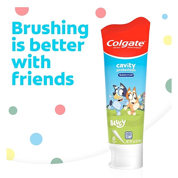 COLGATE KIDS TOOTHPASTE WITH FLUORIDE, ANTICAVITY & CAVITY PROTECTION TOOTHPASTE, FOR AGES 2+, BLUEY, MILD BUBBLE FRUIT FLAVOR, 4.6 OUNCE