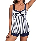 Hanna Nikole Tankini Swimsuits for Women 2 Piece, Color Blocked Swimsuit, Twist Front Push Up Tankini Top with Boyshorts