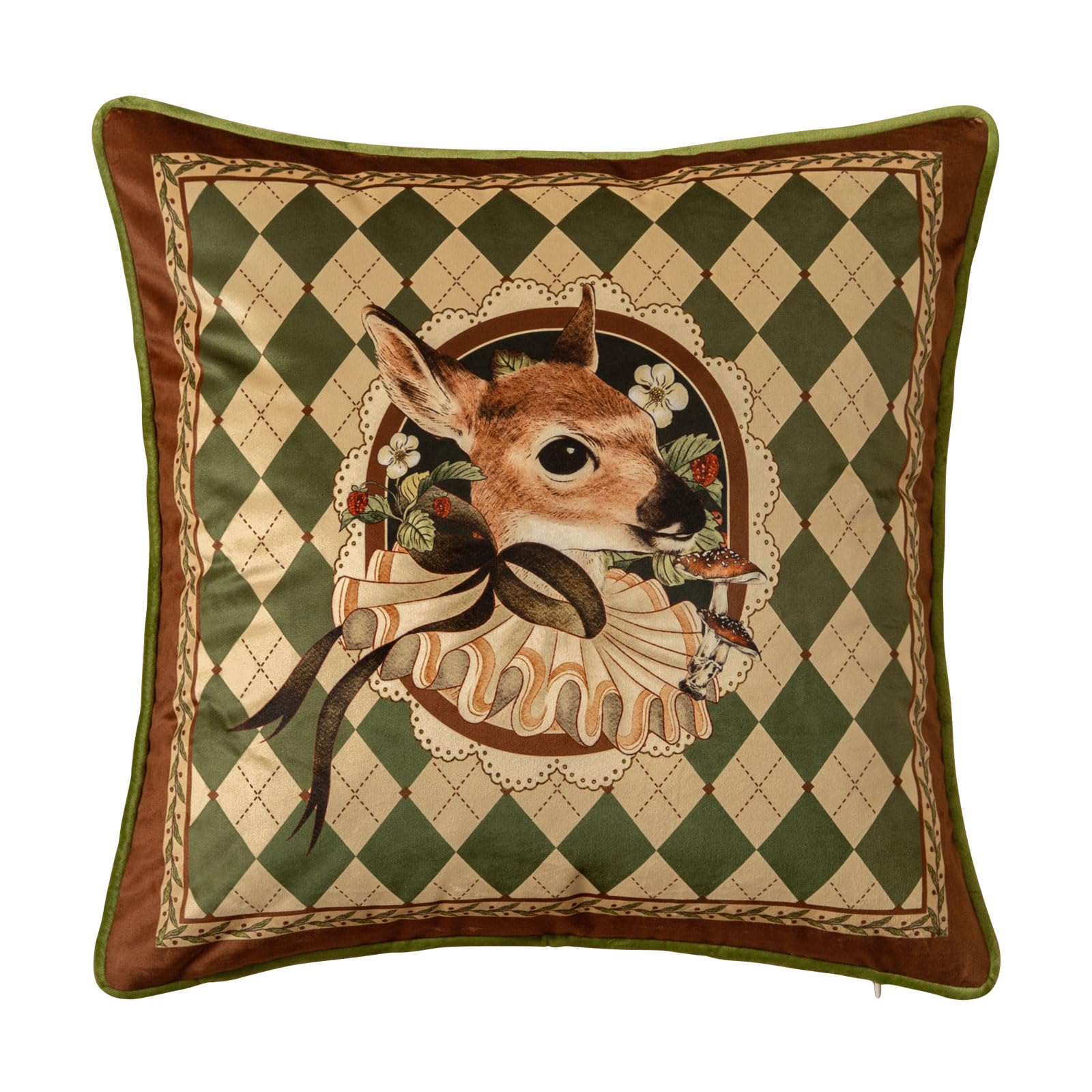 Livebee Spring Deer Checkered Pillow Cover Decorations, Velvet Euro Sham Covers Decorative Throw Pillow Covers 18x18 for Couch Sofa Bed Living Room, Deer Green