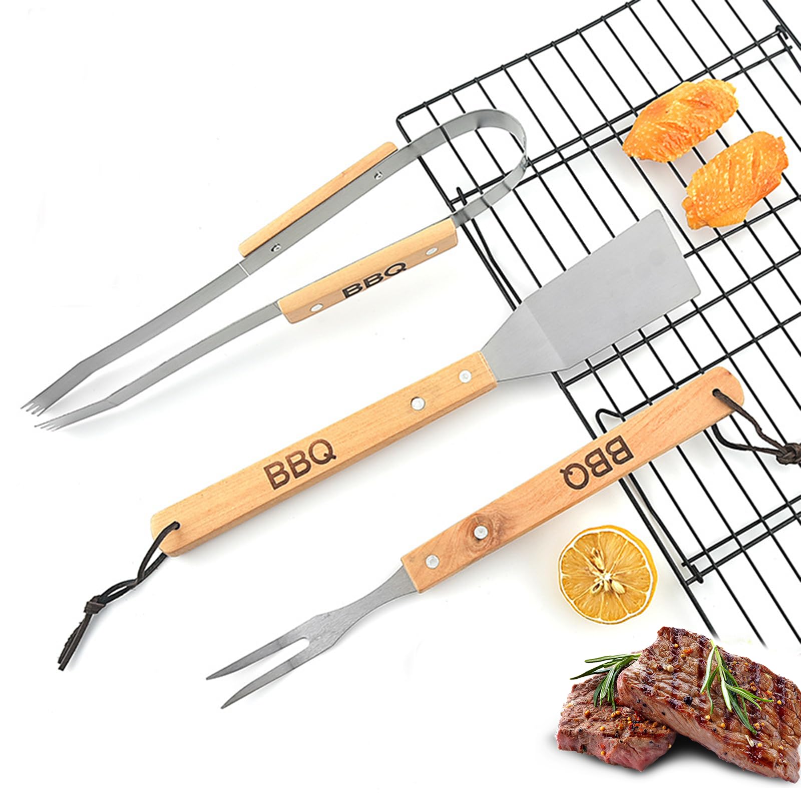 BBQ Barbecue Cutlery Set, Barbecue Tool Set with Barbecue Tongs, Barbecue Cutlery Set with Wooden Handles, Suitable for Grilling, Family Reunion