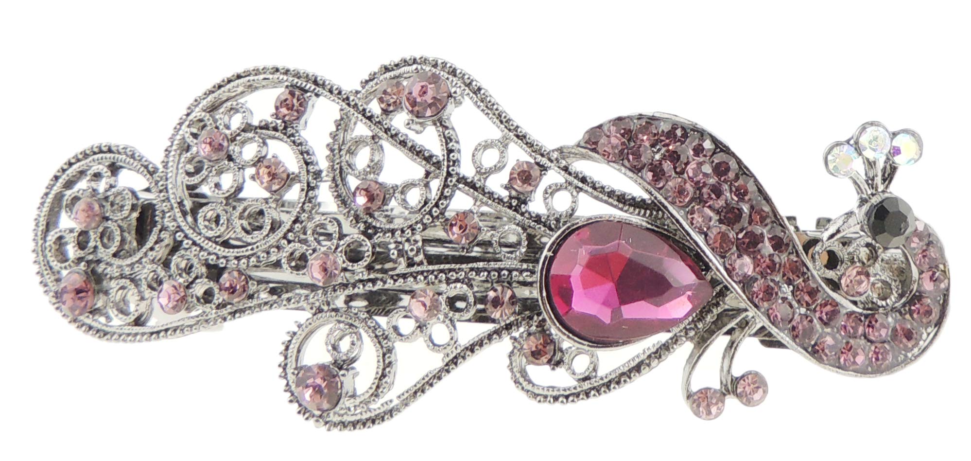 Womens Girls Crystal Rhinestone Diamante Wedding Birthday Party Evening Ponytail Fine Medium Hair Accessories Occasion Barrette Hairpin Silver Tone Metal French Spring Clip Peacock (Magenta)