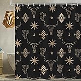 Emwnodti Western Cow Skull Shower Curtain, Black Gold West Boho Bohemian Cactus Shower Curtain fo Bathroom Set, Polyester Fabric Waterproof Bath Curtain