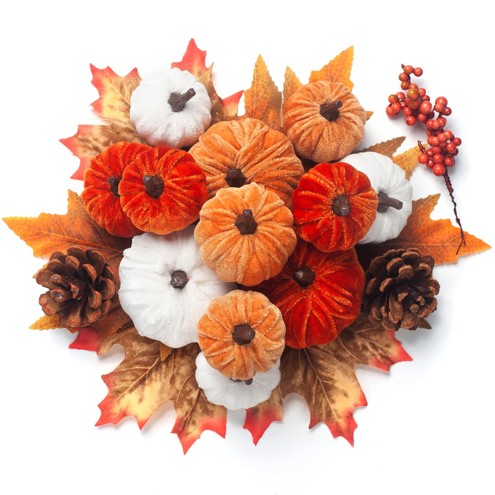 Photo 1 of GHGMAO 21 PCS Fall Artificial Velvet Pumpkins Set, Fake Fabric Pumpkin Faux Foam Pumpkins, Orange Khaki White Pumpkin Decorations for Fall Harvest Thanksgiving Halloween Farmhouse Table Centerpiece